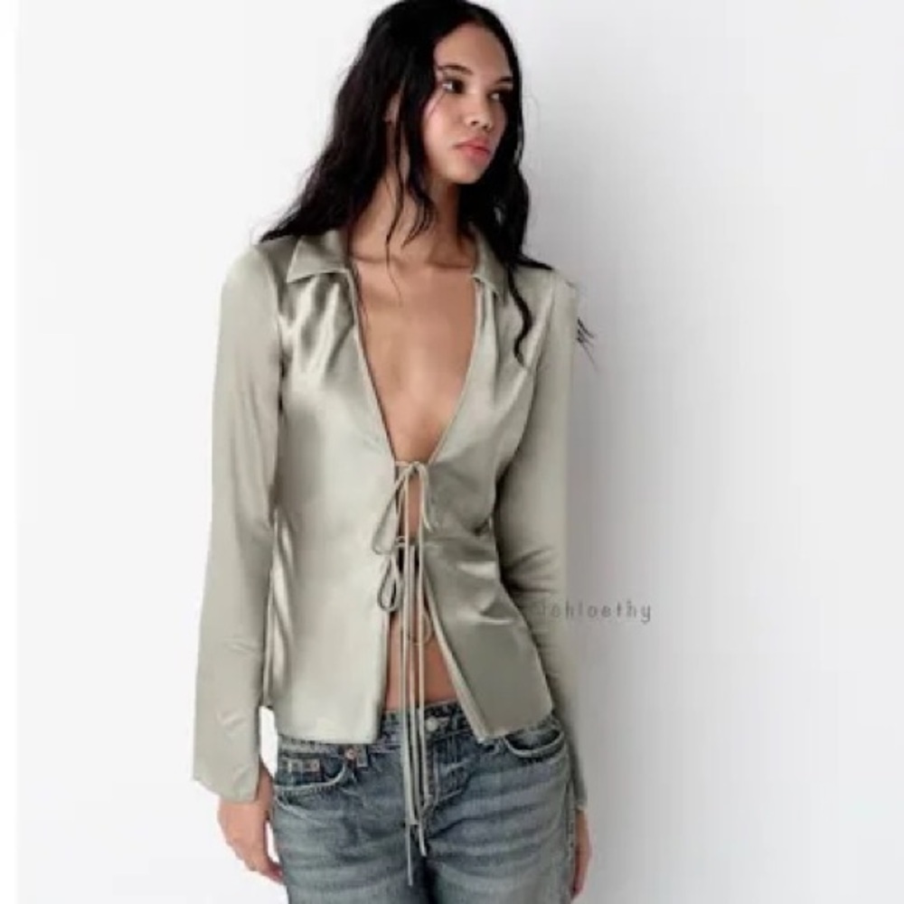Zara Satin Shirt With Tie Front Sz-XS